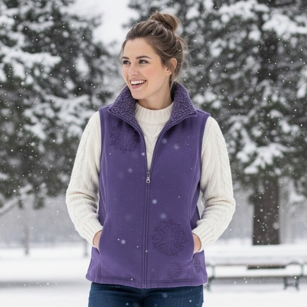 Vermont Country Store Fleece Snowflake Vest Womens Medium Full Zip Purple Lined